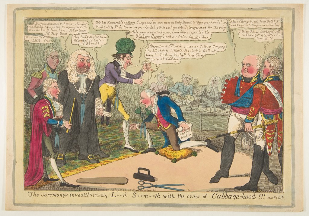 Detail of The Ceremony of Investiture of My L**d S**m**th with the Order of Cabbage-hood, ca. June 1819 by JL Marks