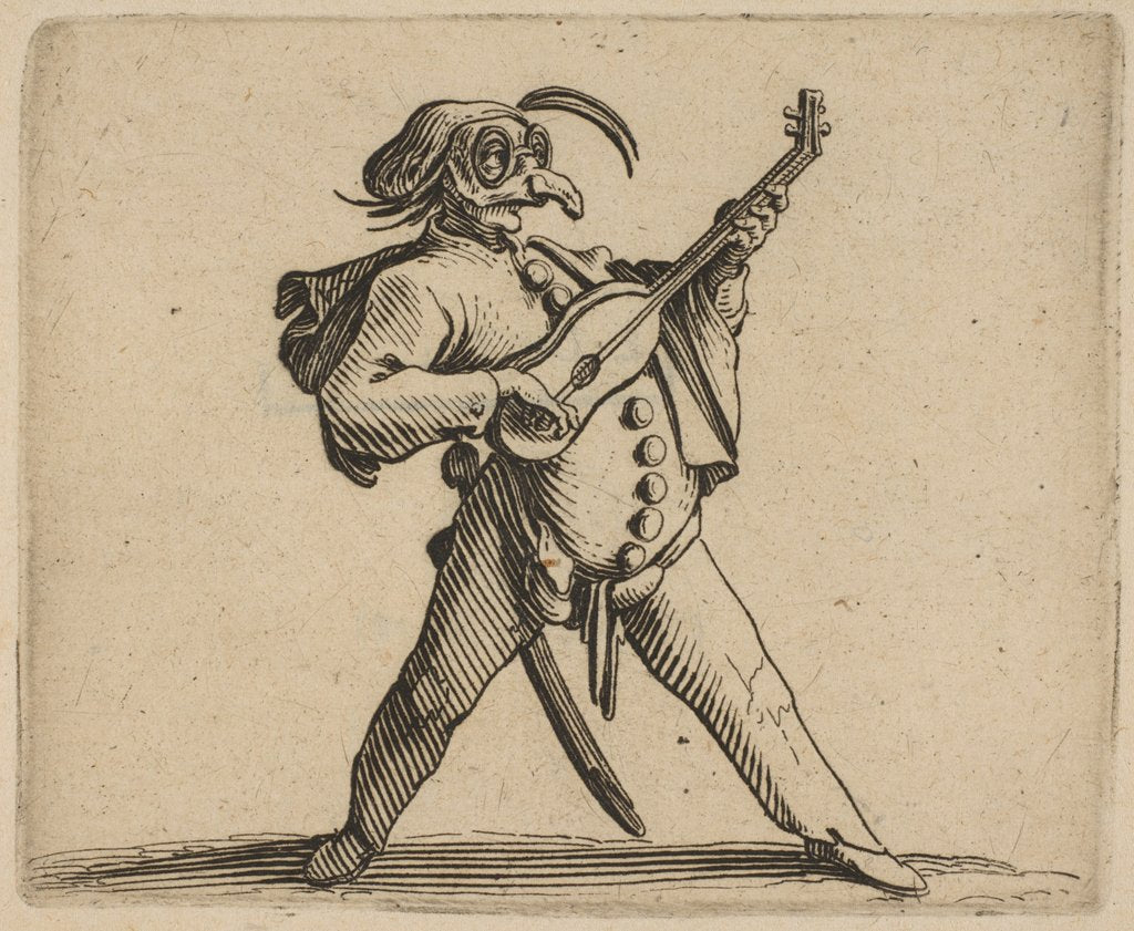 Detail of Le Comédien Masqué Jouant de la Guitare, from …, 1616-22 by Jacques Callot