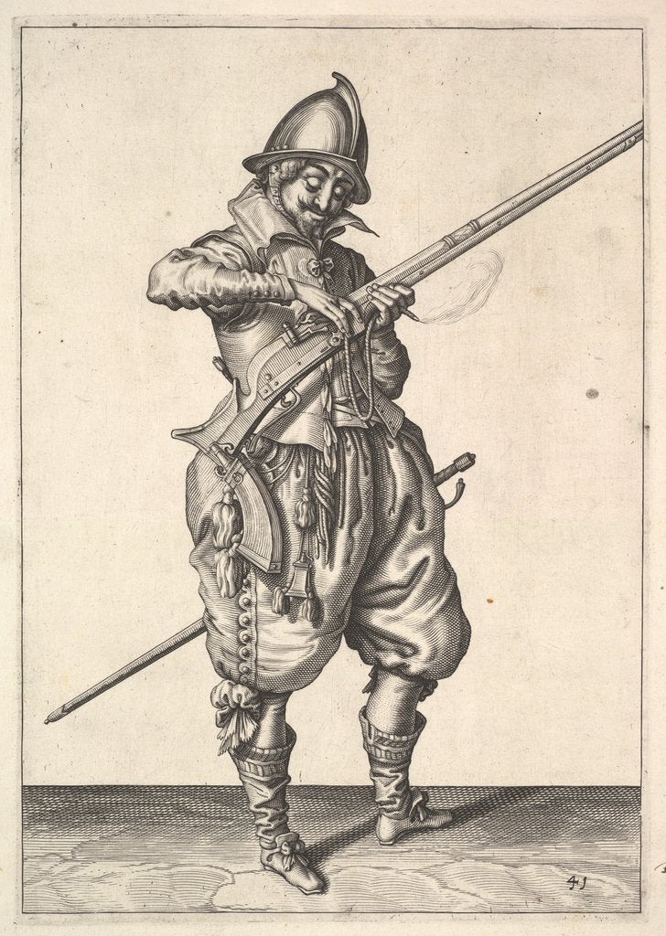 Detail of A soldier on guard shaping the match between his thumb and his forefinger, from the Marksmen s… by Unknown