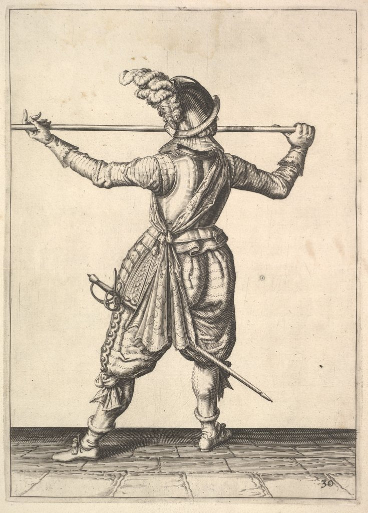 Detail of A soldier, seen from the rear, while turning to the right and holding his pike horizontally, f… by Unknown