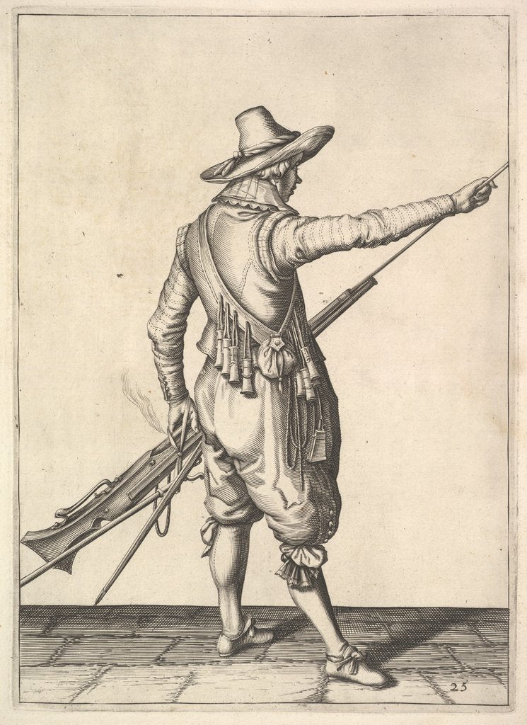 Detail of A soldier pulling out the ramrod from its holder, from the Musketeers series, plate 25, in Wap… by Unknown