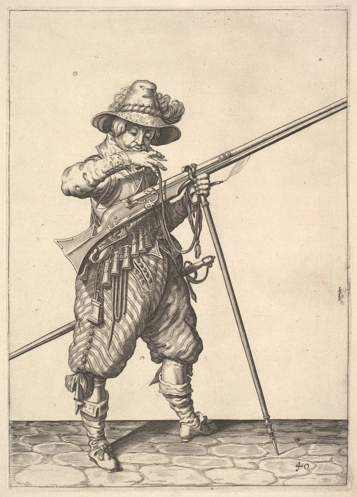 Detail of A soldier blowing on a match, from the Musketeers series, plate 40, in Wapenhandelinghe van Ro… by Unknown