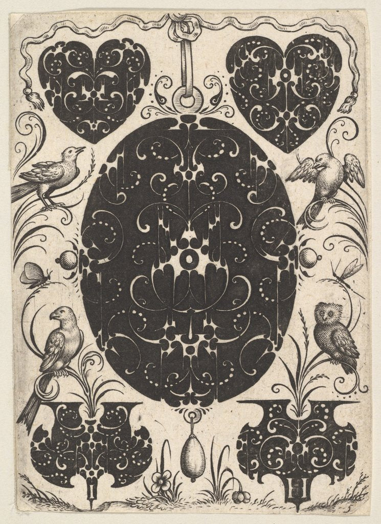 Detail of Oval Pendant Decorated with Schweifwerk, Surrounded by Smaller Motifs and Four Birds, ca. 1614-19 by Jacques Hurtu