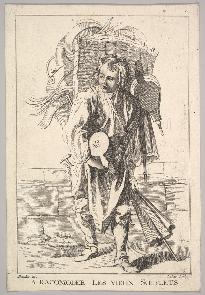Detail of Reverse copy of A Racomoder les Vieux Souflets, from Le Cri…, 18th century by Jacques Philippe Le Bas