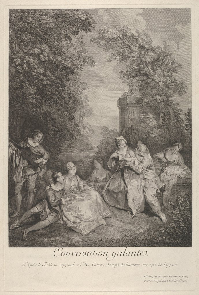 Detail of Gallant conversation': couples engage in conversation in a garden …, 1743 by Jacques Philippe Le Bas