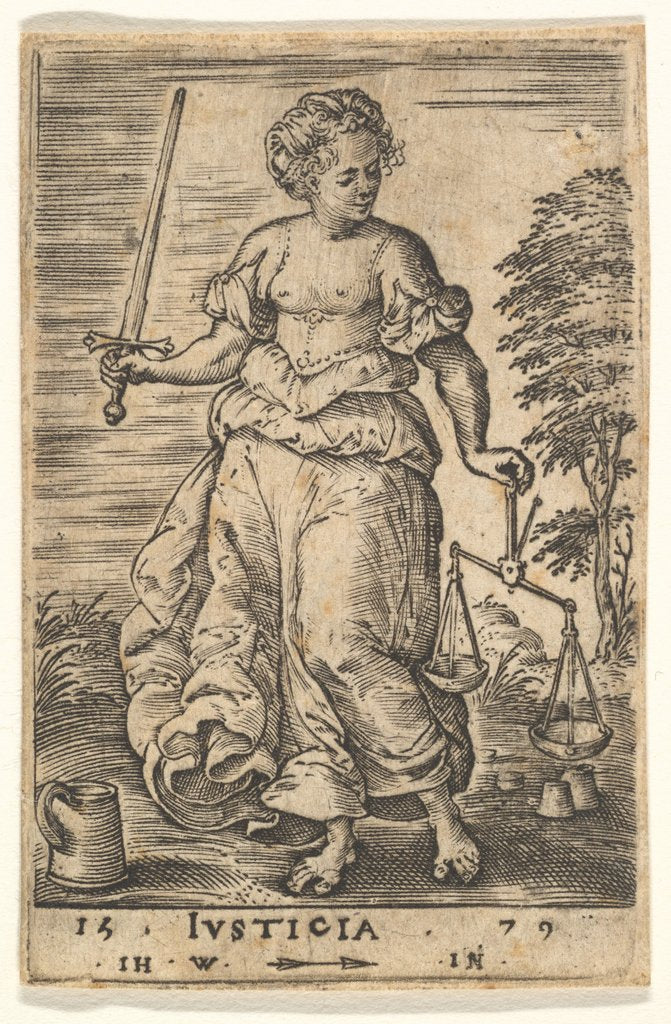 Detail of Justice, an allegorical figure holding a balance in her left hand and a sword in her right…, 1579 by Jan Wierix