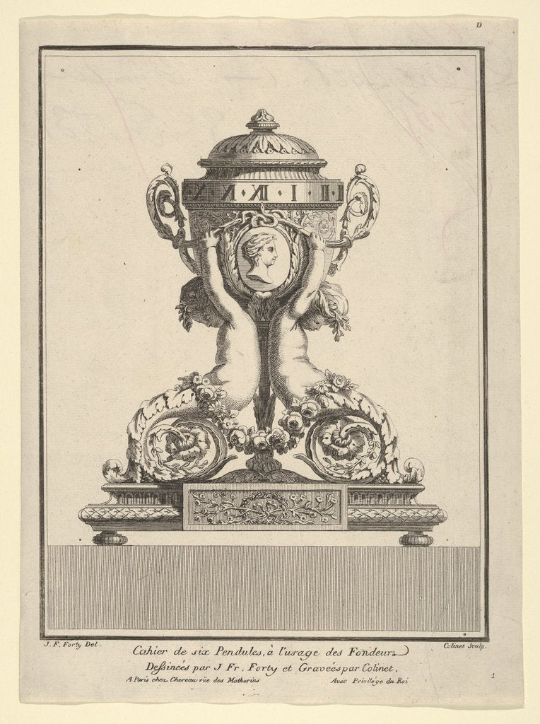 Detail of Design for a Clock, Title Page to 'Cahier de six Pendules', ca. 1770 by Jean Francois Forty/C Colinet