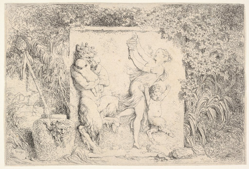 Detail of A bas-relief depicting a satyr at left holding two infants, another child satyr to right…, 1763 by Jean-Honore Fragonard