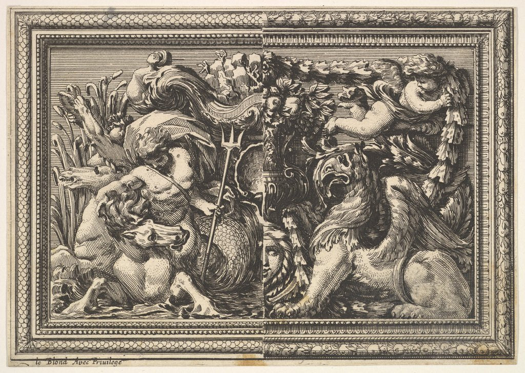 Detail of Design for a Panel with Two Variants containing a Hippocamp and a Griffin, from: Ornements…, 1651 by Jean le Pautre