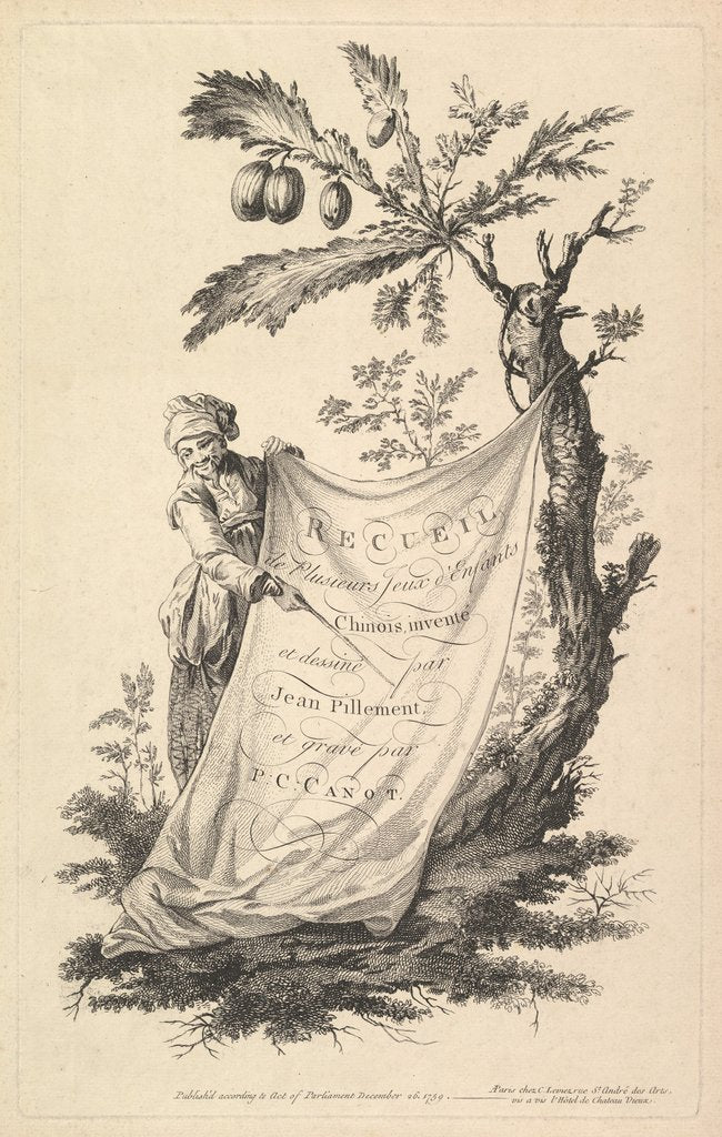 Detail of Title page: a smiling man holds a corner of a cloth tied to a fig tree and points with a s…, 1759 by Pierre-Charles Canot