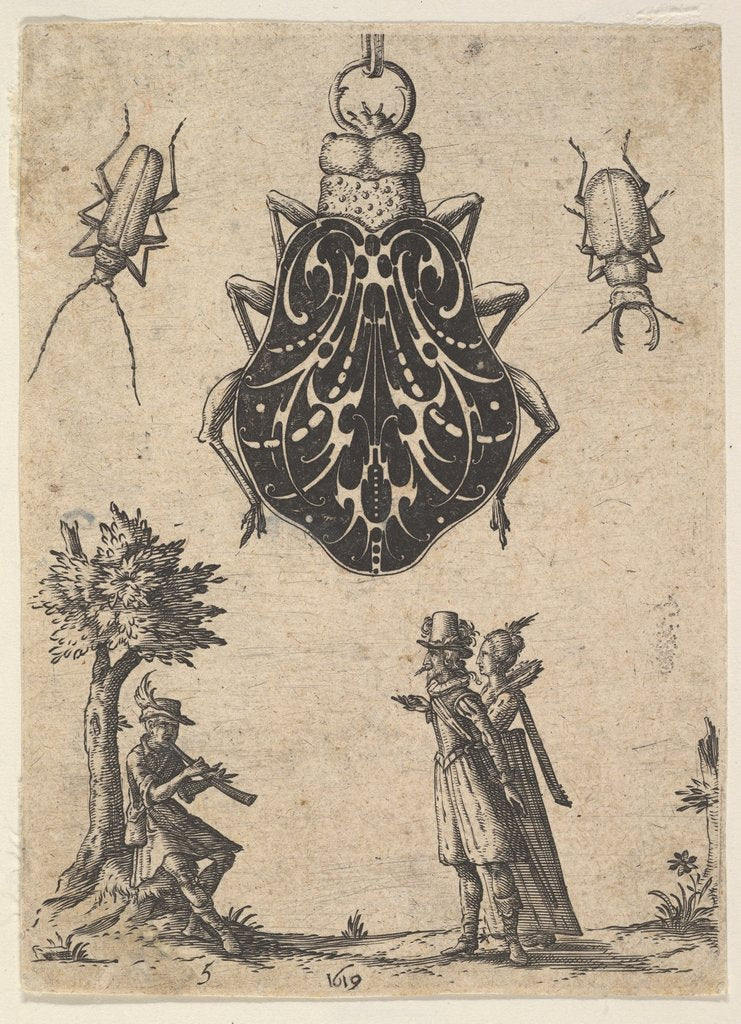 Detail of Pendant Shaped like a Beetle with a Couple and a Young Man Playing an Instrument, 1619 by Jean Toutin