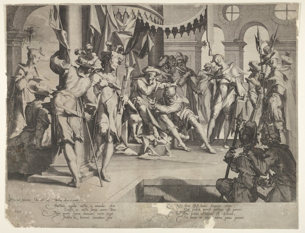 Detail of The Judge Bias Shedding Tears, plate IX from Thronus Justitiæ, 1605 by Joachim Anthonisz Wtewael/Willem van Swanenburg