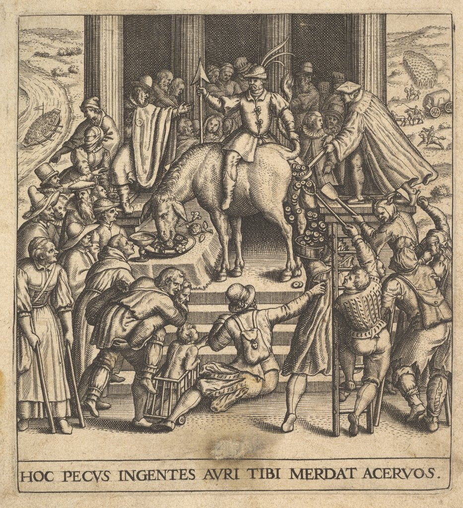 Detail of Men collecting dung dropping from the hindquarters of a mule, with a rider sitting ba…, 1592-1614 by Johann Theodor de Bry