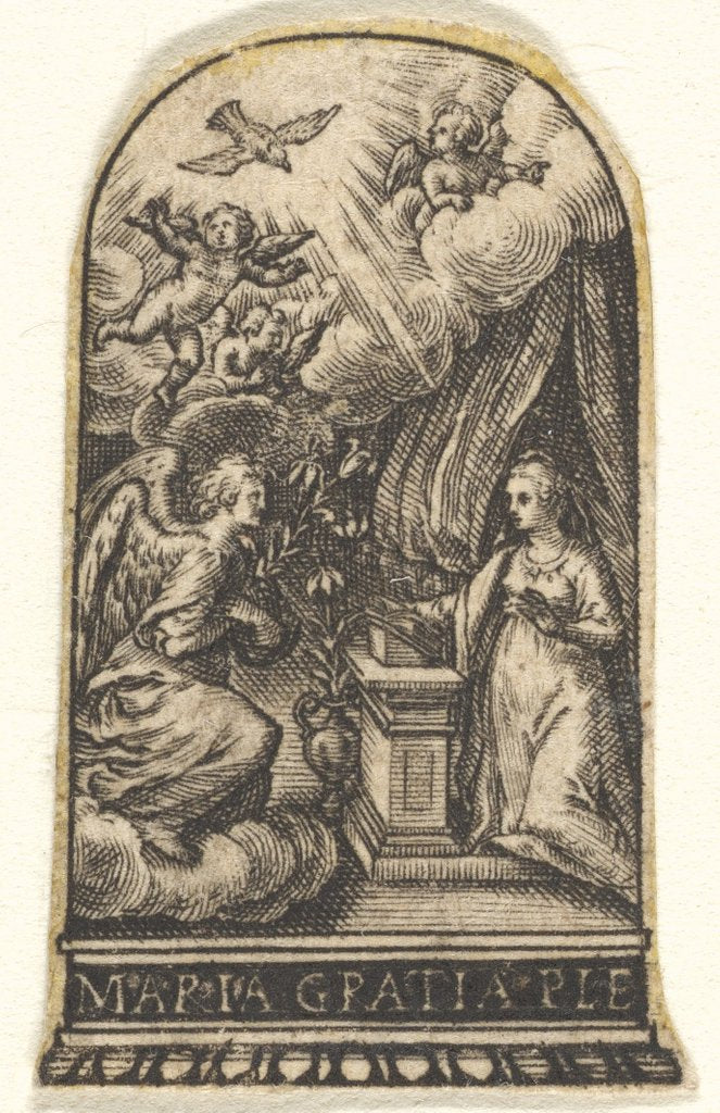 Detail of Annunciation, Mary kneels at a lectern as Gabriel approaches on a cloud from the …, ca. 1580-1600 by Johann Theodor de Bry