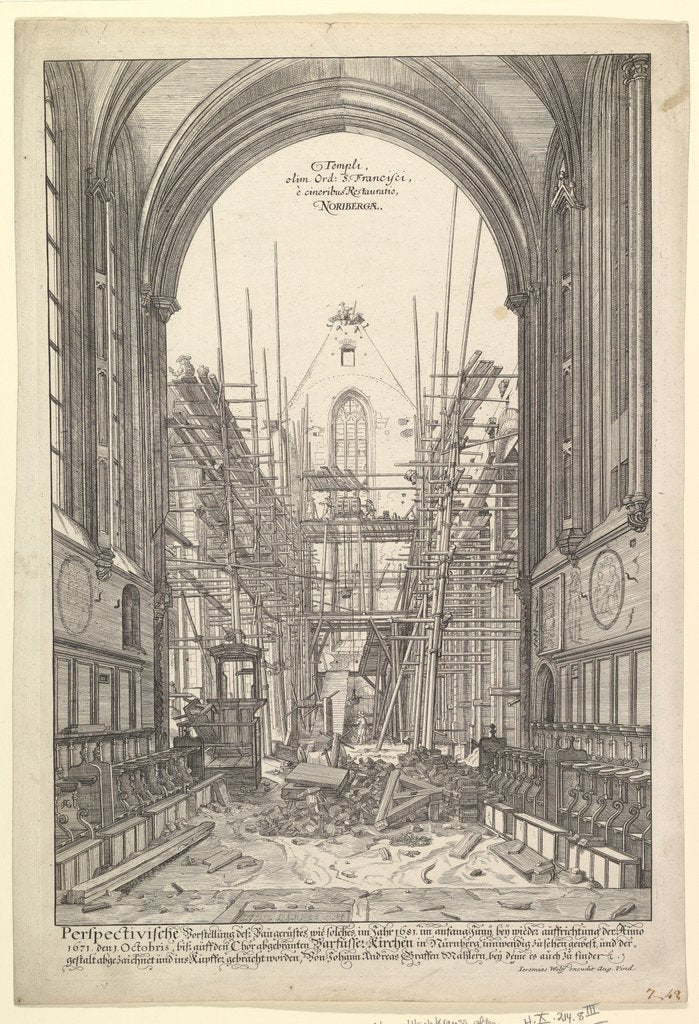 Detail of View of the Church of the Franciscans in Nuremberg under Reconstruction, from the series V… by Johann Ulrich Kraus