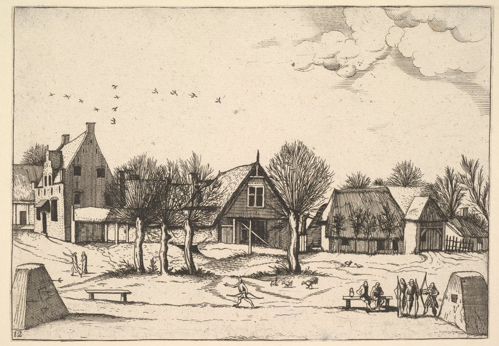 Detail of Country Village, archers in the foreground from Multifariarum casularum ruriumque linea…, 1559-61 by Johannes van Doetecum I