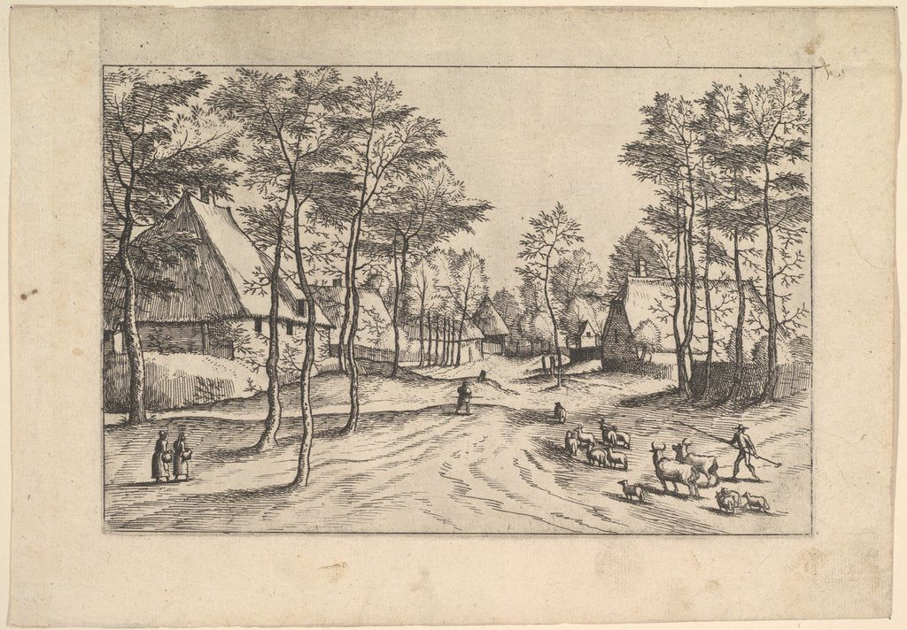 Detail of Village Street, cattle, sheep and herdsman in the foreground from Praediorum villar…, ca. 1559-61 by Johannes van Doetecum I