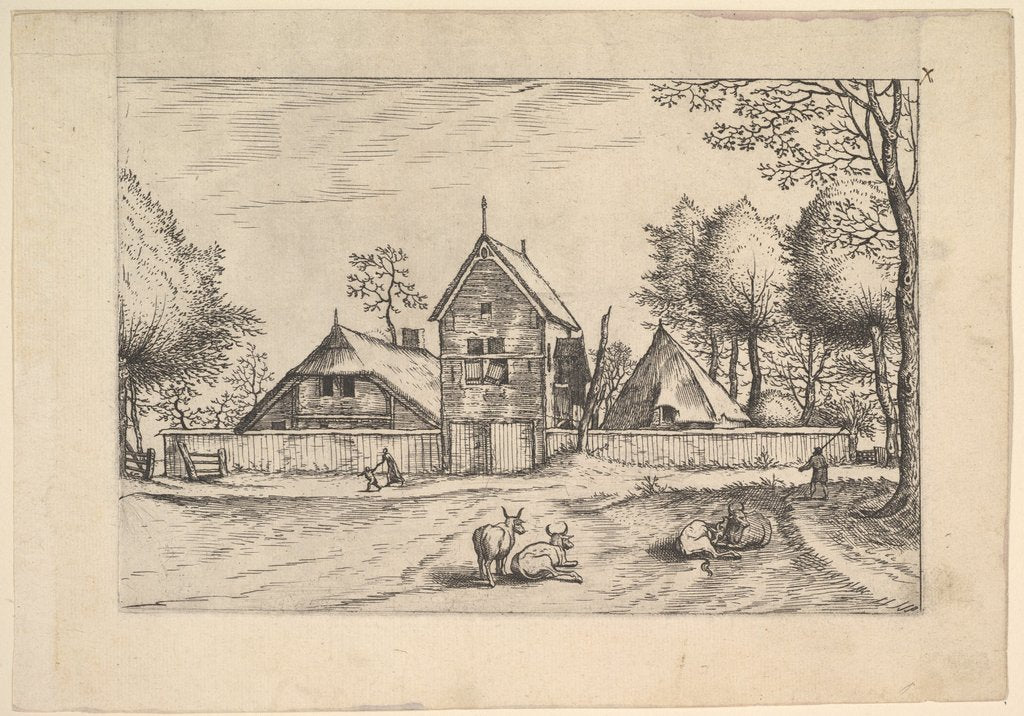Detail of Farmstead, cows and herdsman in the foreground from Praediorum villarum et rusticar…, ca. 1559-61 by Johannes van Doetecum I