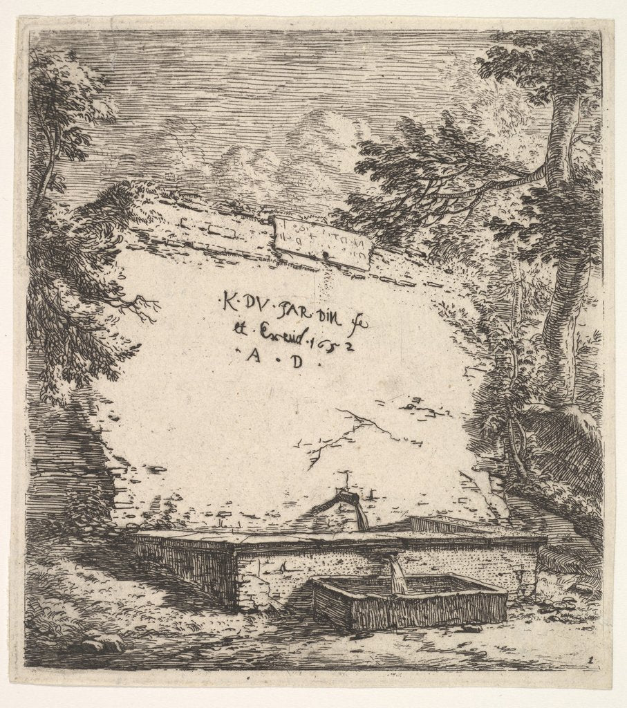 Detail of Frontispiece with stepped fountain; a stone wall with water spout pouring water into a rec…, 1652 by Karel Du Jardin