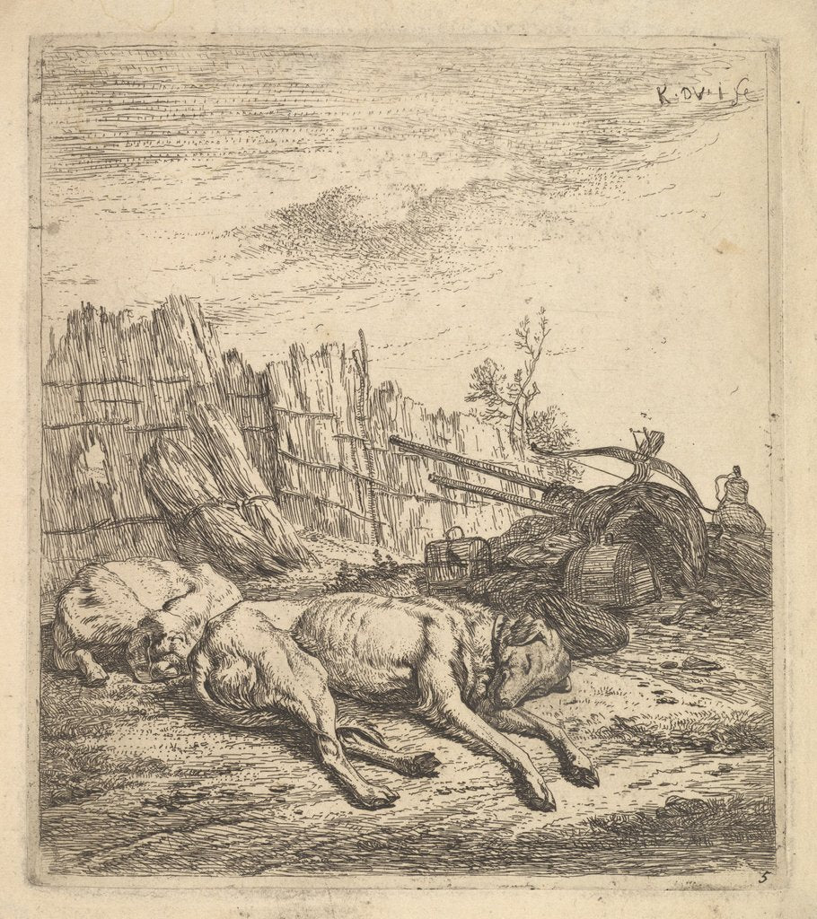 Detail of Two dogs sleeping on the ground; a plough, farm equipment, bunches of straw, and a …, ca. 1641-78 by Karel Du Jardin