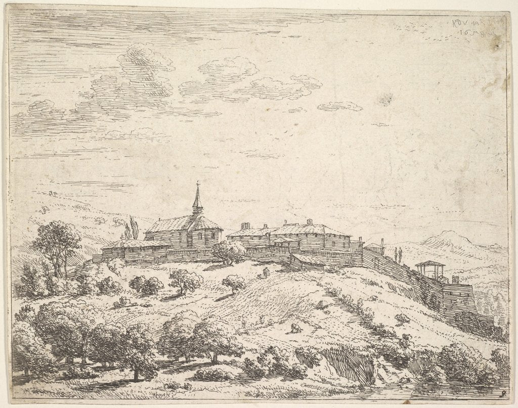 Detail of Walled village on a hill, with church at left and buildings constructed on the downslope a…, 1658 by Karel Du Jardin