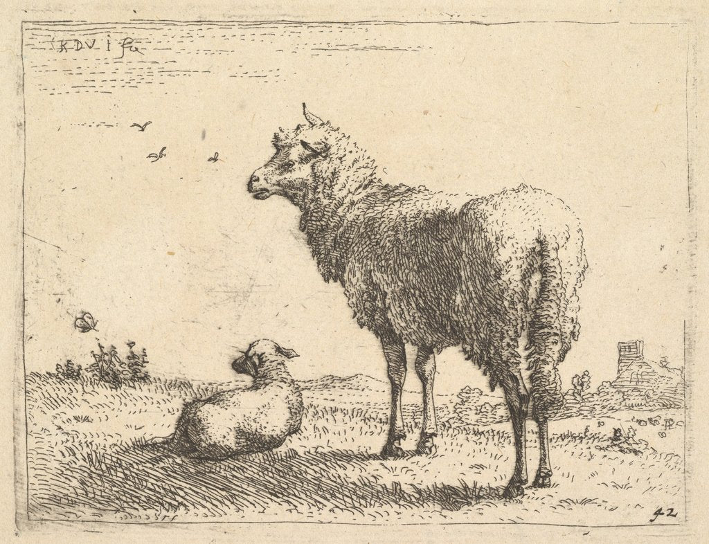 Detail of A mature sheep in three-quarters view standing and looking left, beside it a lamb lies…, ca. 1655 by Karel Du Jardin