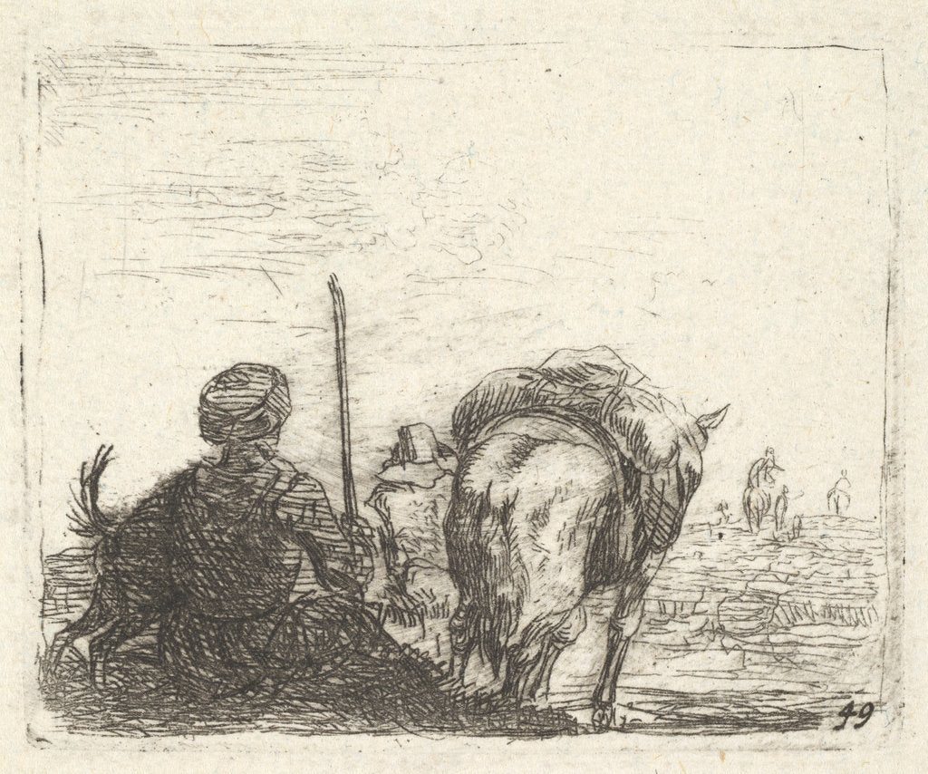 Detail of Pack-horse, seated man with staff in right hand, and dog, all viewed from the rear…, ca. 1641-78 by Karel Du Jardin