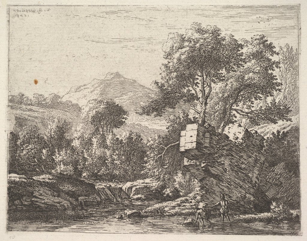 Detail of Two men standing ankle-deep in a body of water with a rocky outcrop behind them, to the le…, 1658 by Karel Du Jardin