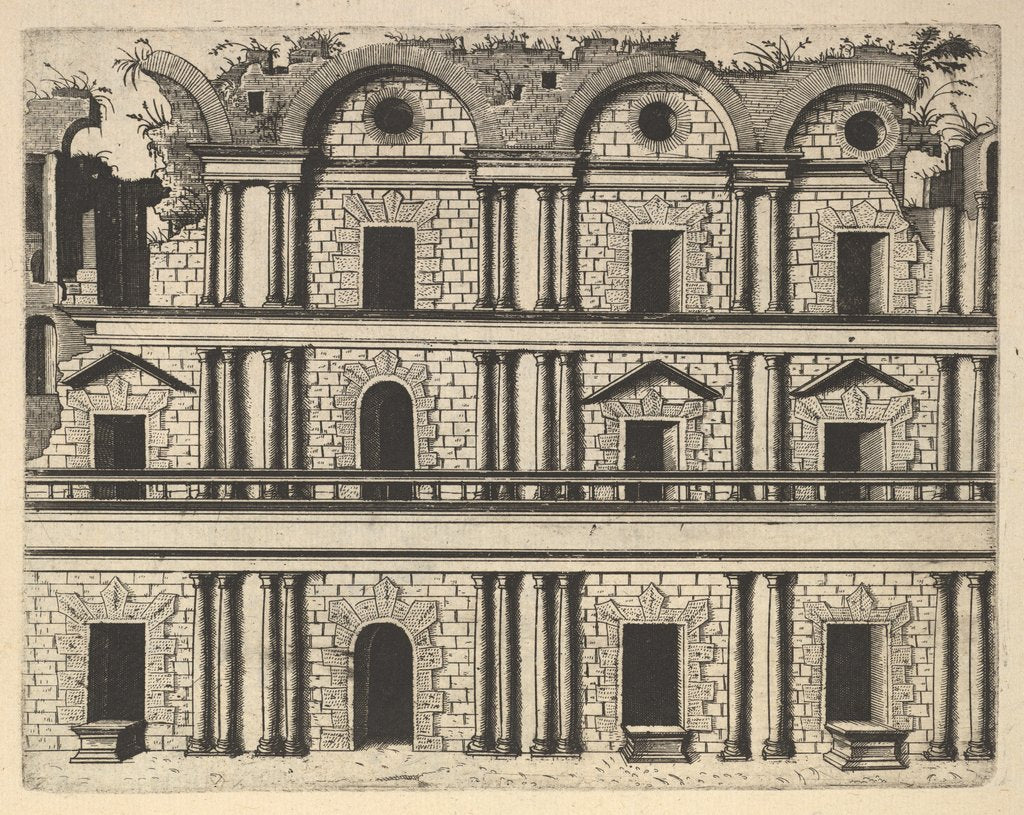 Detail of Ruin of a Palace Facade [Palatium M. Agrippa] from the series 'Ruinarum variarum fabricaru…, 1554 by Lambert Suavius