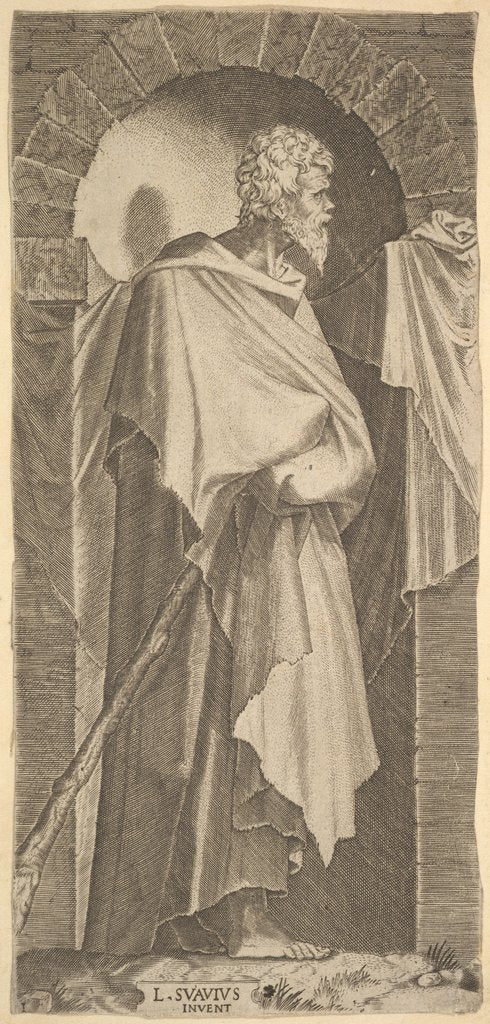 Detail of St. James Minor in an arcuated niche, holding a walking stick in his hands, which are c…, 1545 by Lambert Suavius