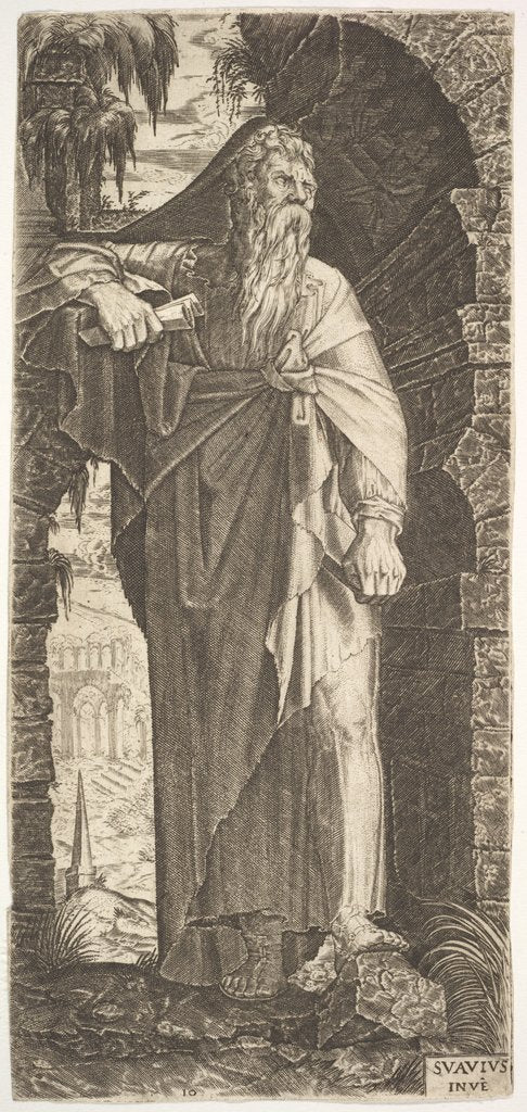 Detail of St. Paul standing under an overgrown arch, his left foot poised upon a rock, his right han…, 1545 by Lambert Suavius