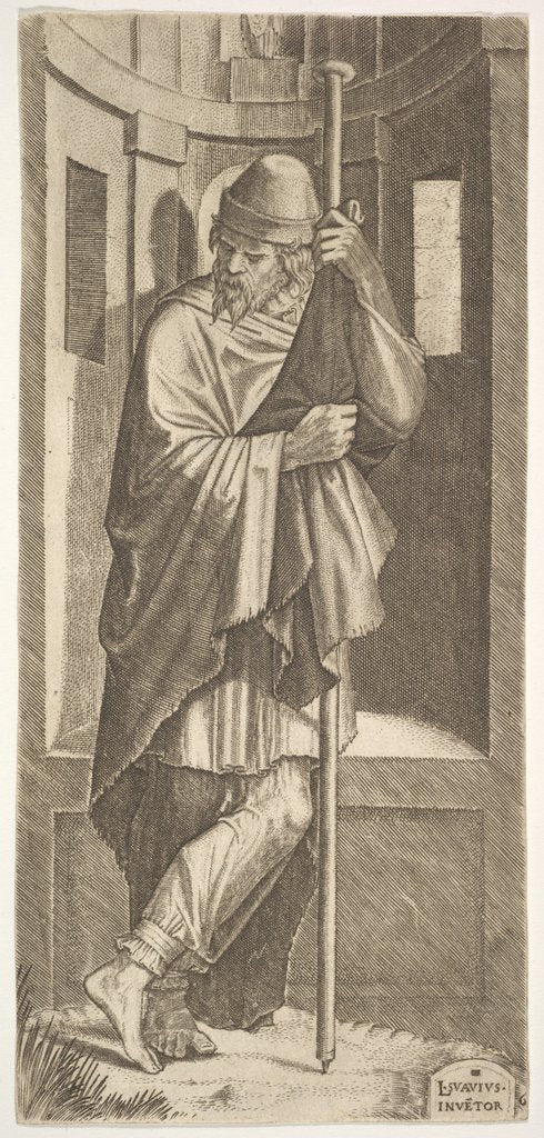 Detail of St. James Major leaning on a pole before a niche, his left leg crossed over his right, fro…, 1545 by Lambert Suavius
