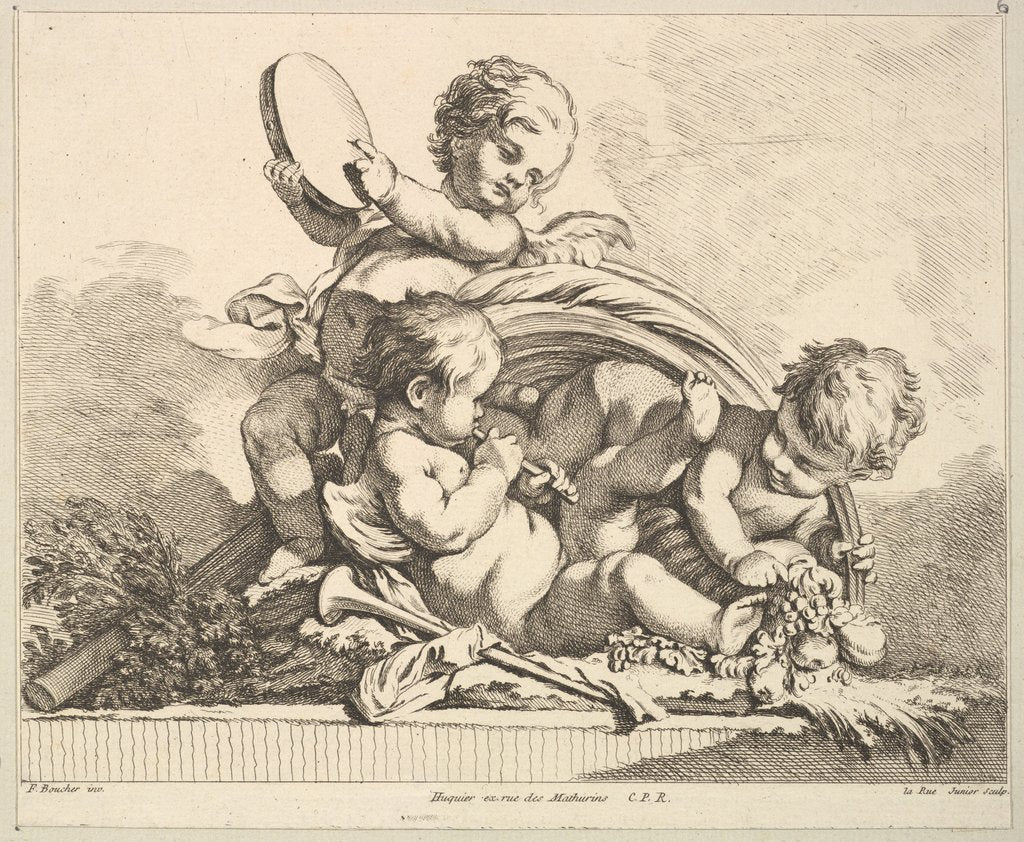 Detail of Three Cupids, Two Playing Music, One Holding Palm Leaves by Louis Felix de la Rue