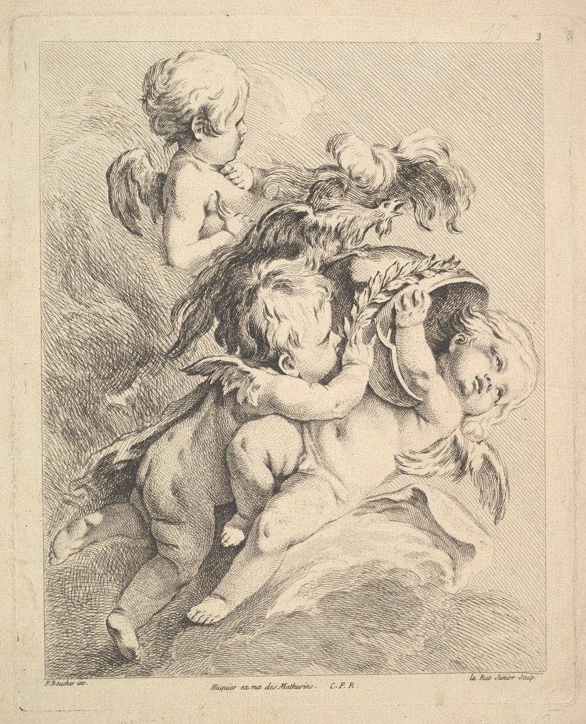 Detail of Three Cupids Holding a Helmet by Louis Felix de la Rue