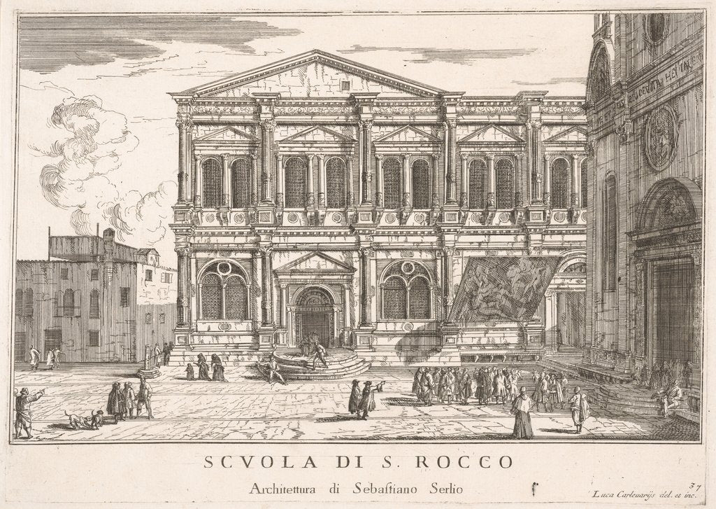 Detail of Plate 37: Side view of the school of St. Roch at left and view of facade of the church of …, 1703 by Luca Carlevarijs