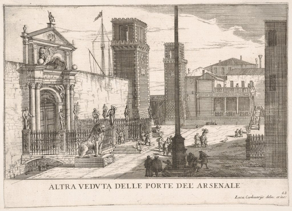 Detail of Plate 63: View of the gate of the shipyard and armory complex, Venice, 1703, fr…, 1703 by Luca Carlevarijs