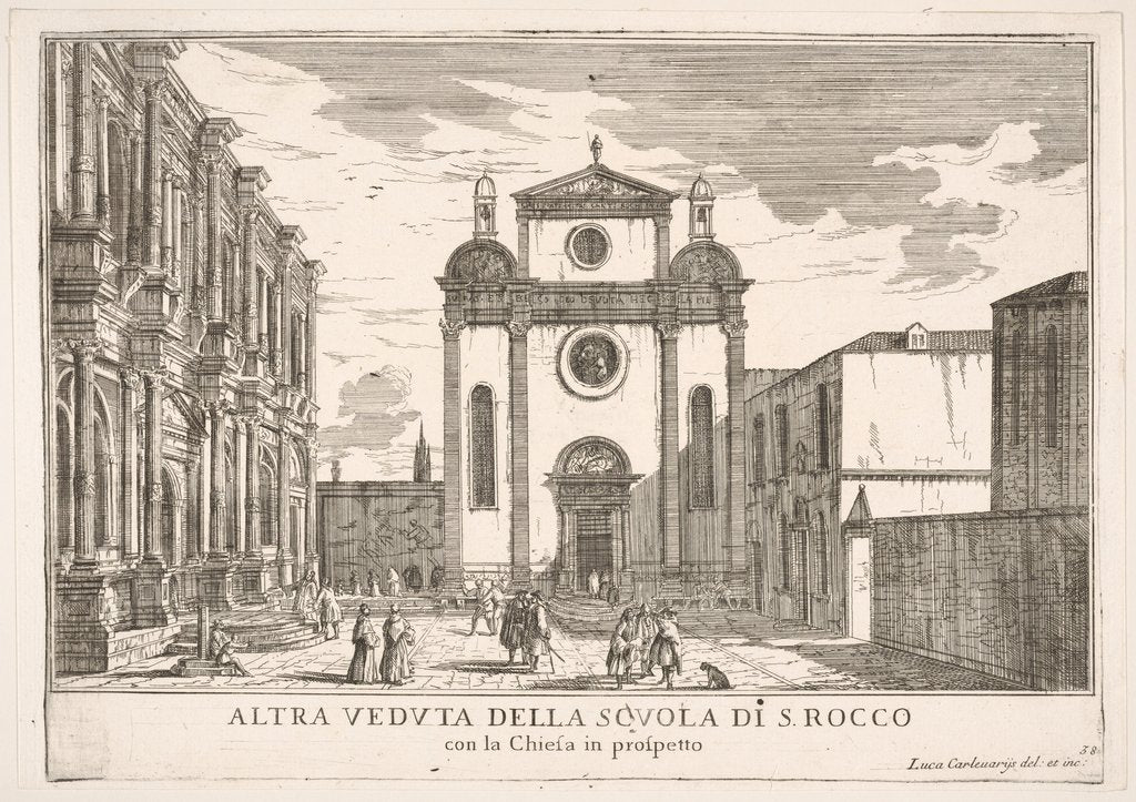 Detail of Plate 38: View of the facade of the church of St. Roch and at left the facade of the Schoo…, 1703 by Luca Carlevarijs
