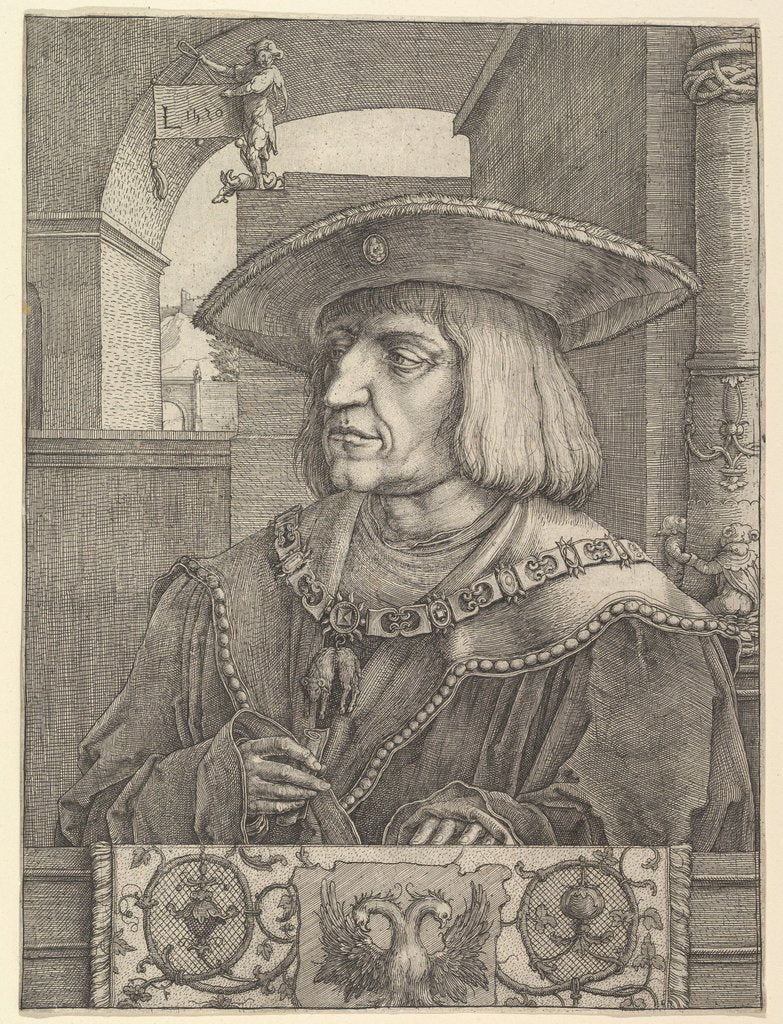 Detail of Emperor Maximillian I, 1520 by Lucas van Leyden