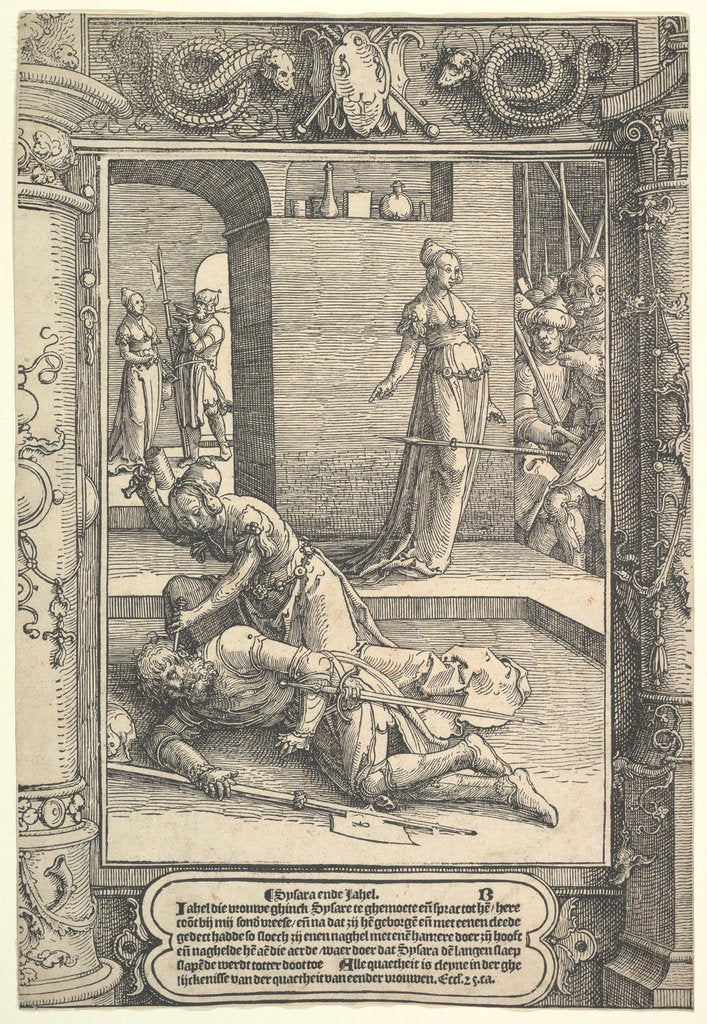 Detail of Jael Killing Sisera, ornamental frame, ca. 1517 by Lucas van Leyden
