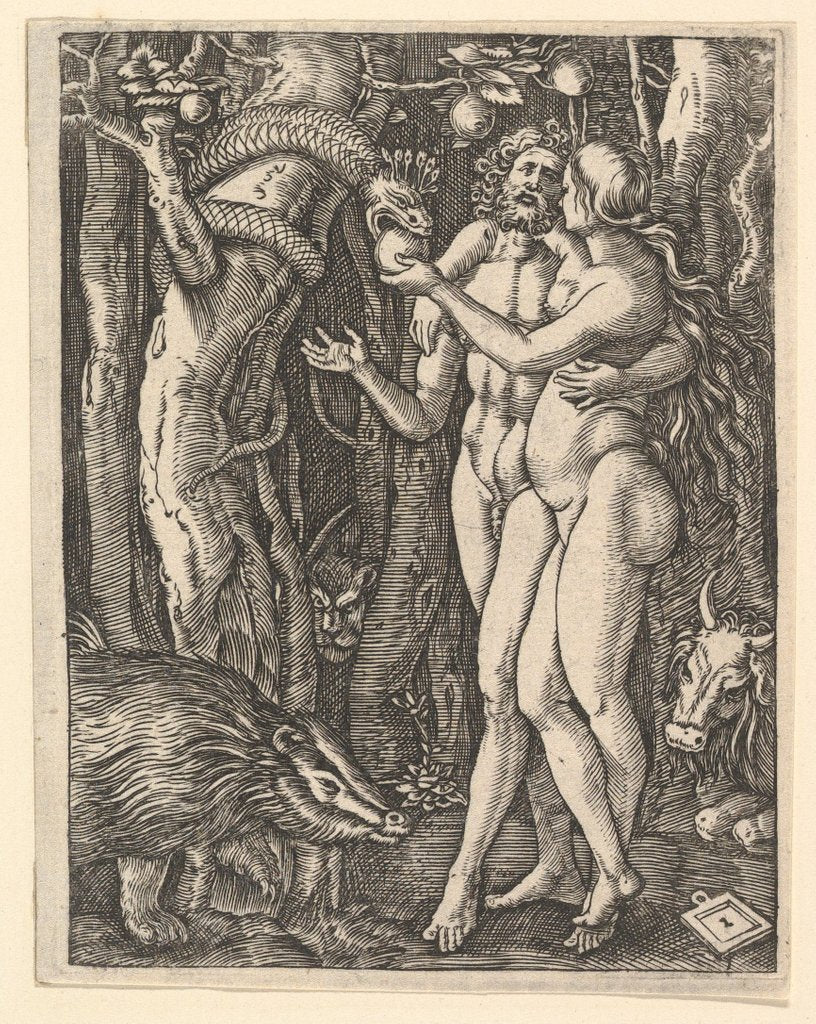 Detail of Adam and Eve with apple and serpent, ca. 1500-1534 by Marcantonio Raimondi