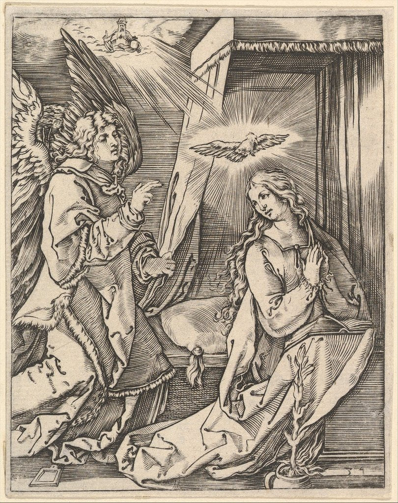 Detail of The Annunciation; on the left the archangel Gabriel approaches the praying Virgin…, ca. 1500-1534 by Marcantonio Raimondi