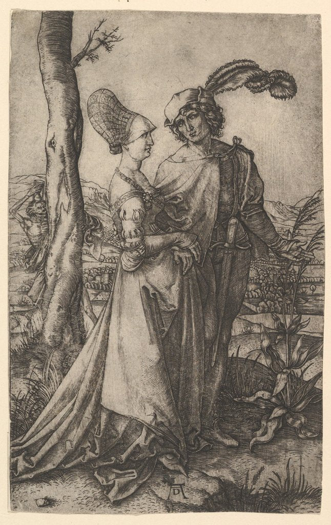 Detail of Lord and lady walking with figure of death hiding behind a tree, holding an hourg…, ca. 1500-1534 by Marcantonio Raimondi