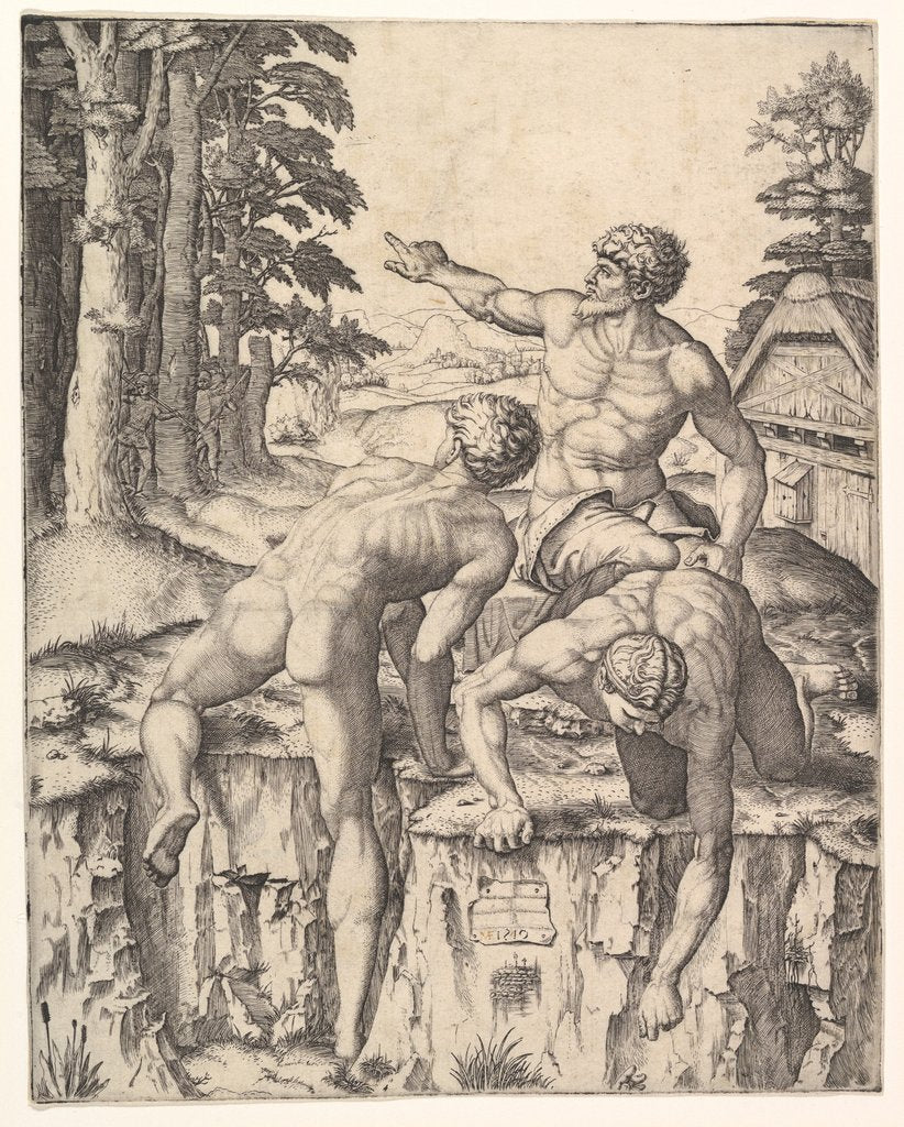 Detail of The Climbers: three naked men, one seen from behind climbing onto a river-bank, soldiers e…, 1510 by Marcantonio Raimondi