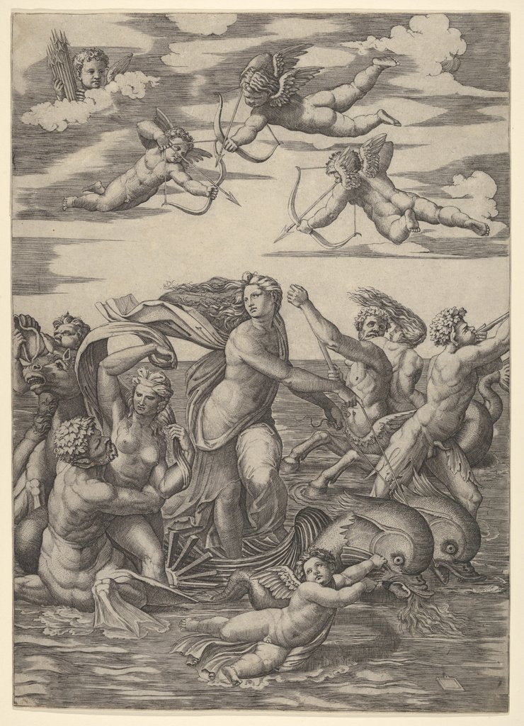 Detail of Galatea standing in a water-chariot pulled by two dolphins, surrounded by tritons, nere…, 1515-16 by Marcantonio Raimondi