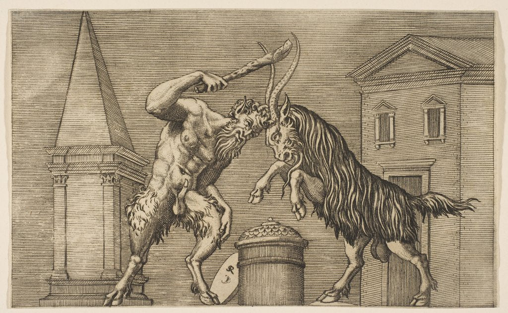 Detail of A satyr and a ram attacking each other, the satyr wielding a club with his right ha…, ca. 1515-27 by Marco Dente