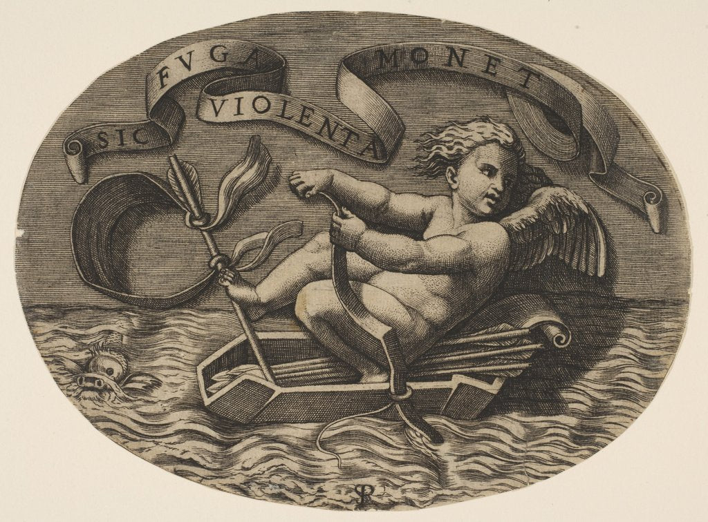 Detail of Eros escaping by sea using his bow to propel a boat made from his quiver with an ar…, ca. 1515-27 by Marco Dente