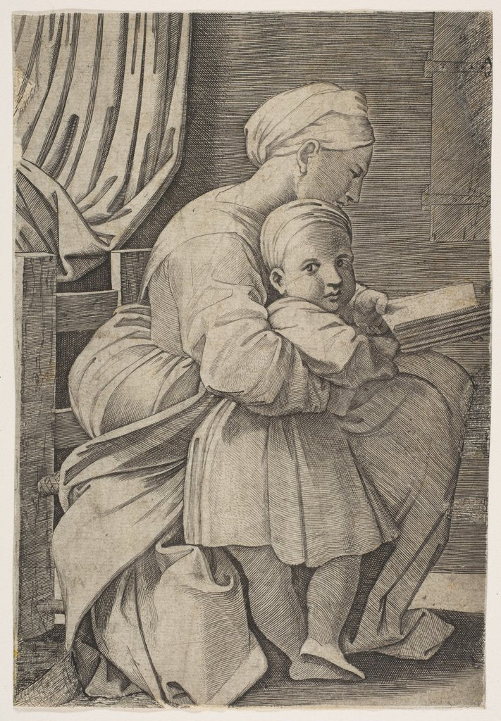 Detail of The Virgin in profile facing right reading to the infant Christ, ca. 1515-27 by Marco Dente (attributed to)