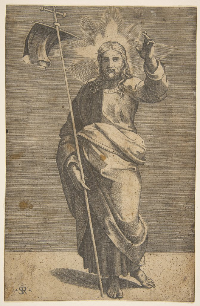 Detail of Christ standing facing forward, holding a cross with a banner and raising his left …, ca. 1515-27 by Marco Dente