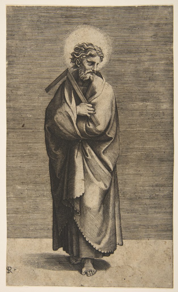 Detail of Saint Thomas holding a square rule, his head turned to the right, ca. 1515-27 by Marco Dente