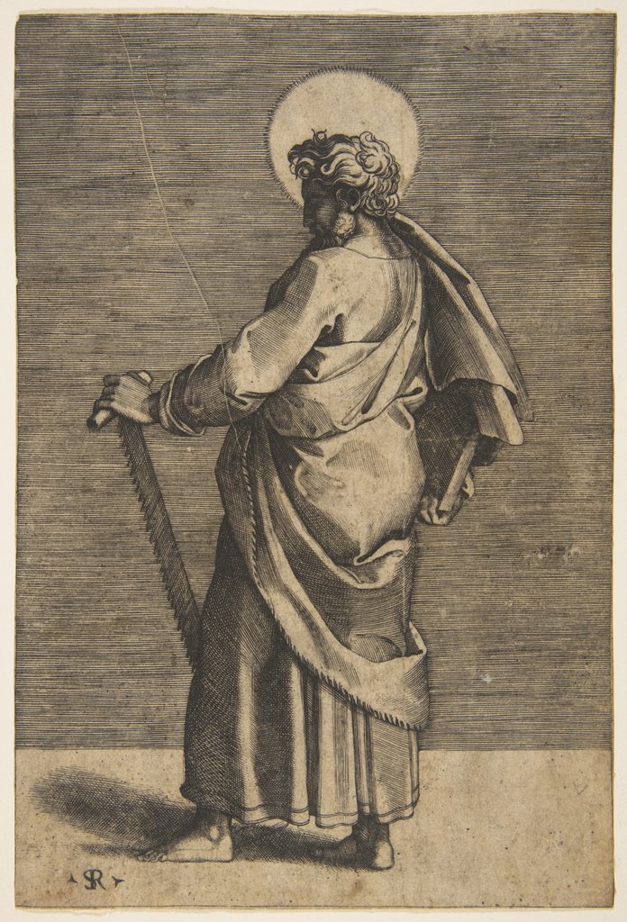 Detail of Saint Simon standing facing left, holding a saw and a book, ca. 1515-27 by Marco Dente